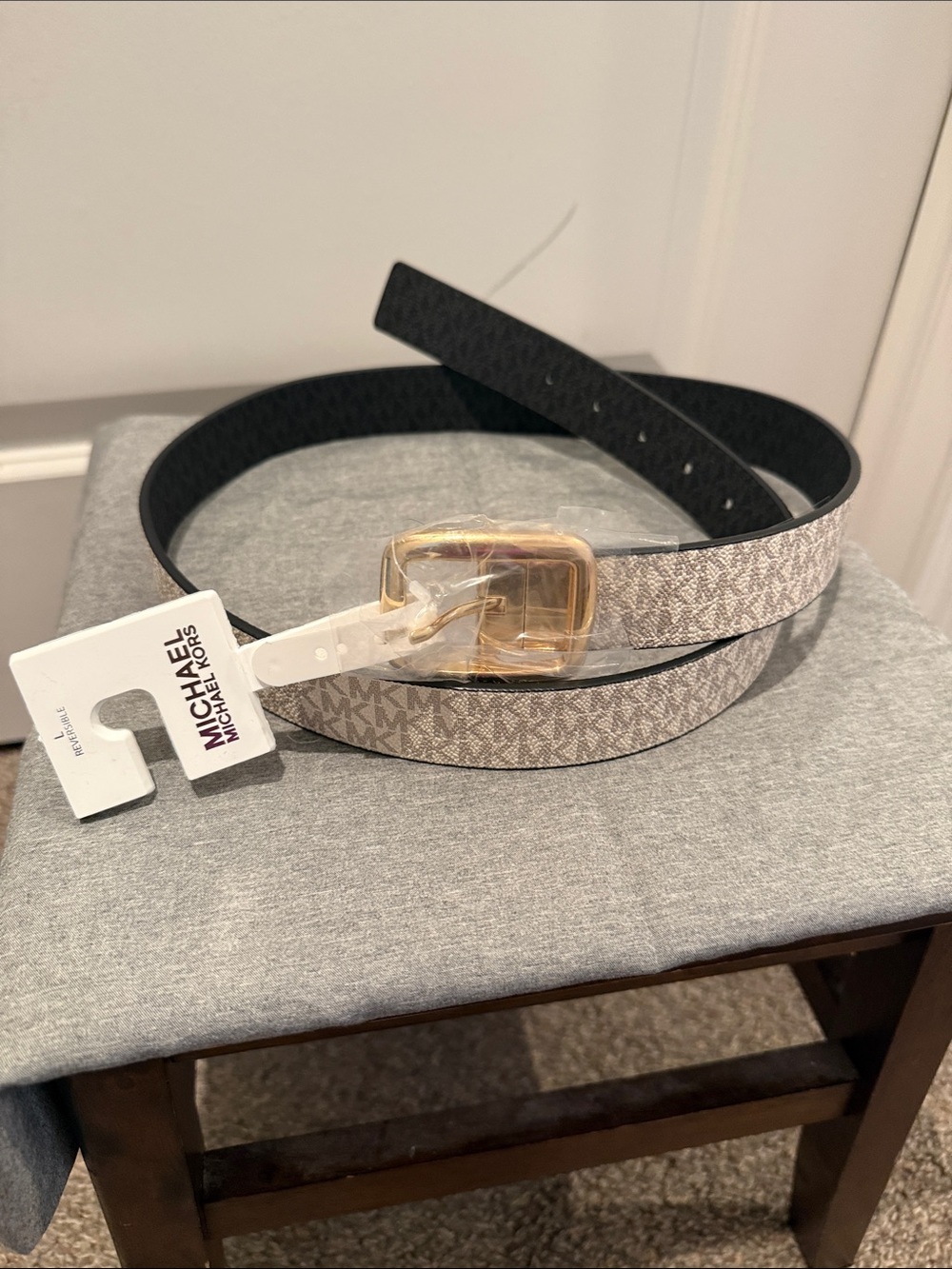Michael Kors Beige Logo Reversible Belt with Gold Buckle